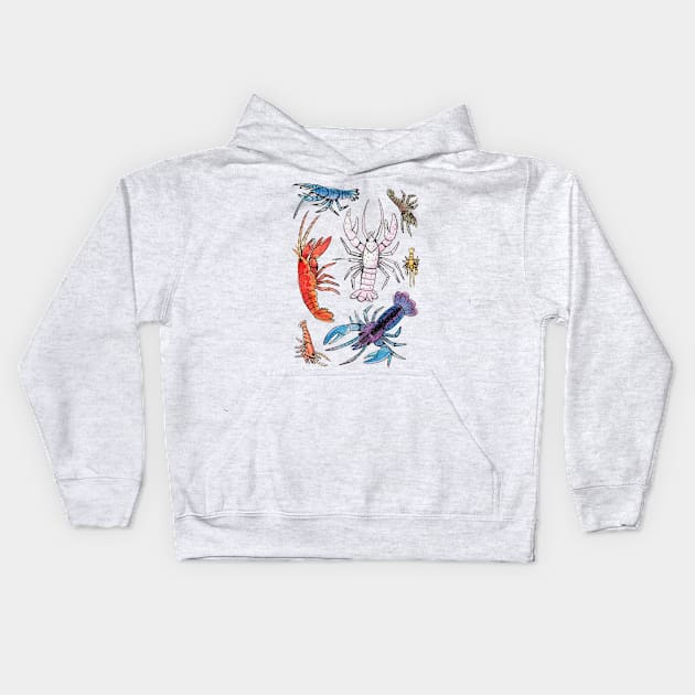 Colorful Aquatic Crayfish Species in Watercolor painting Kids Hoodie by narwhalwall